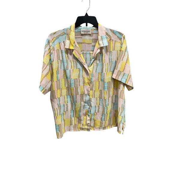 Donnkenny Women's 3X Blouse Button Up Pastel Color Block Short Sleeve Top 90's - Picture 1 of 6